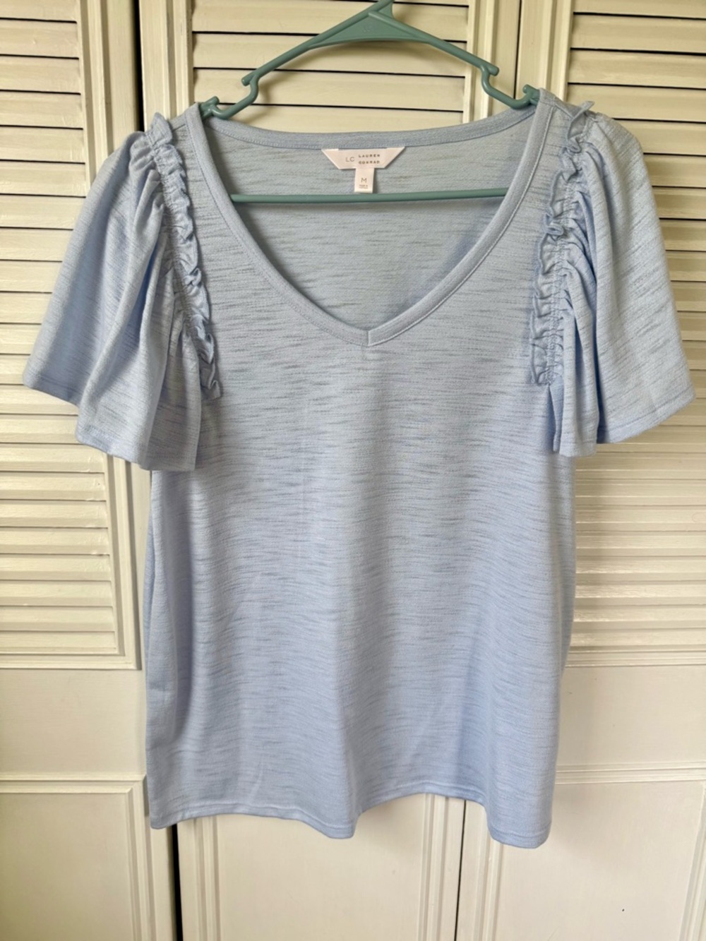 LC Lauren Conrad Pale Blue V-Neck Top with Ruffle Sleeve Details